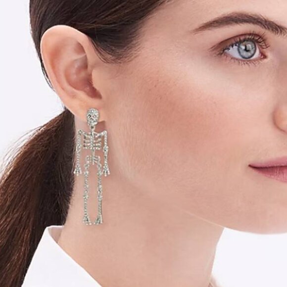 J Crew Women's Skeleton Statement Earrings Zirconia Halloween Party Dangle - Picture 1 of 5